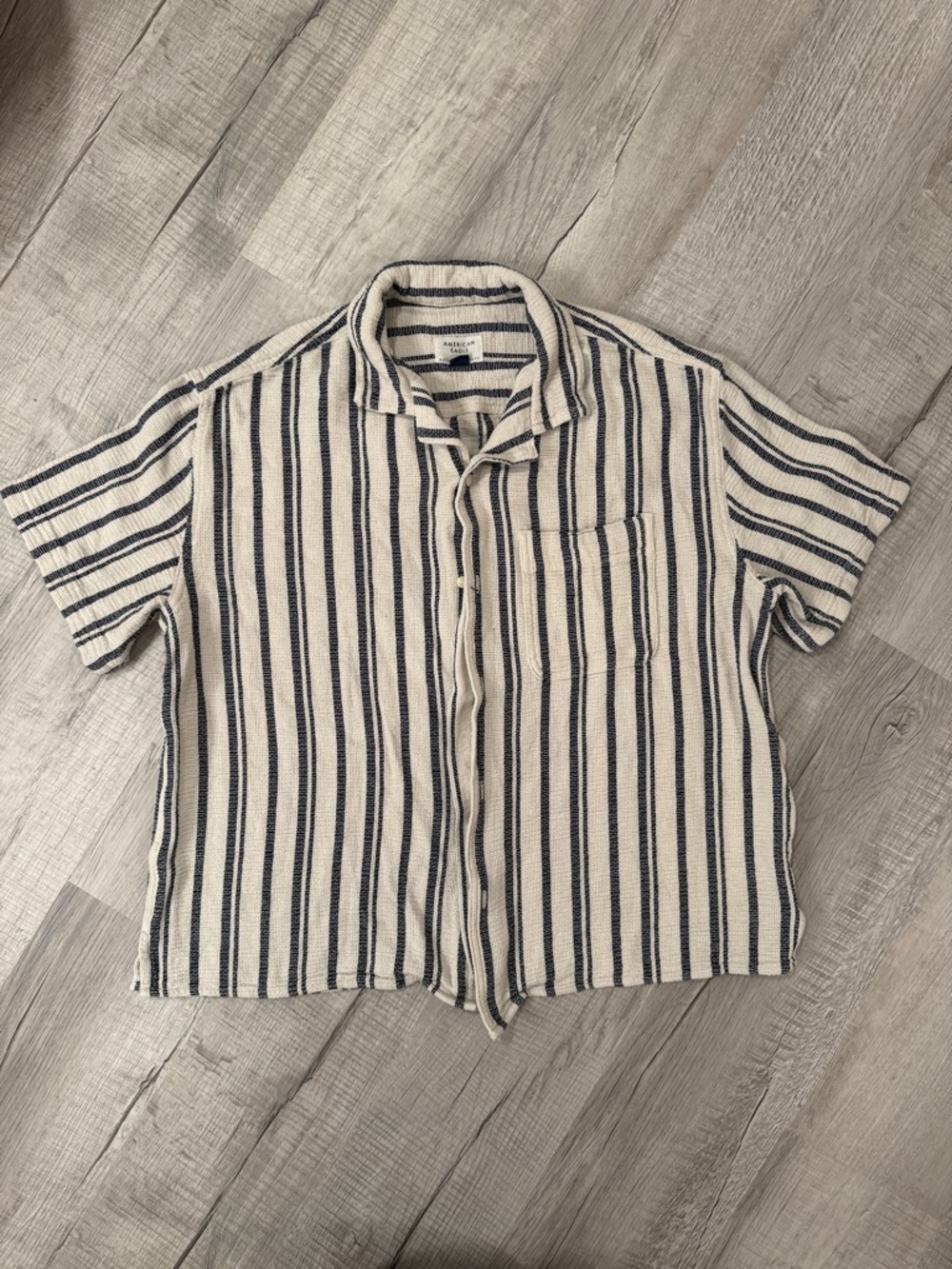 American Eagle Outfitters Cream and Navy Striped Short-Sleeve Button-Up